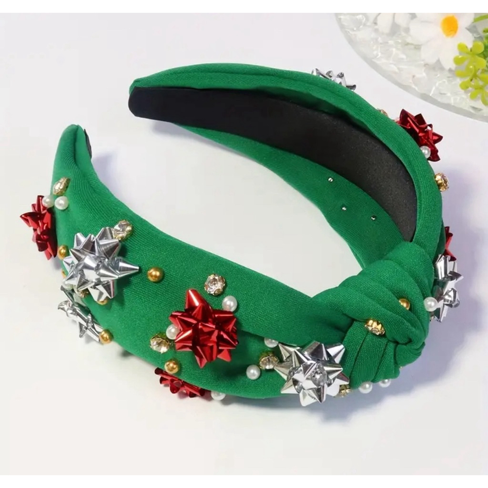 Green Top Knot Headband With Faux Pearls and Christmas Gift Bow Embellishments - Picture 2 of 4